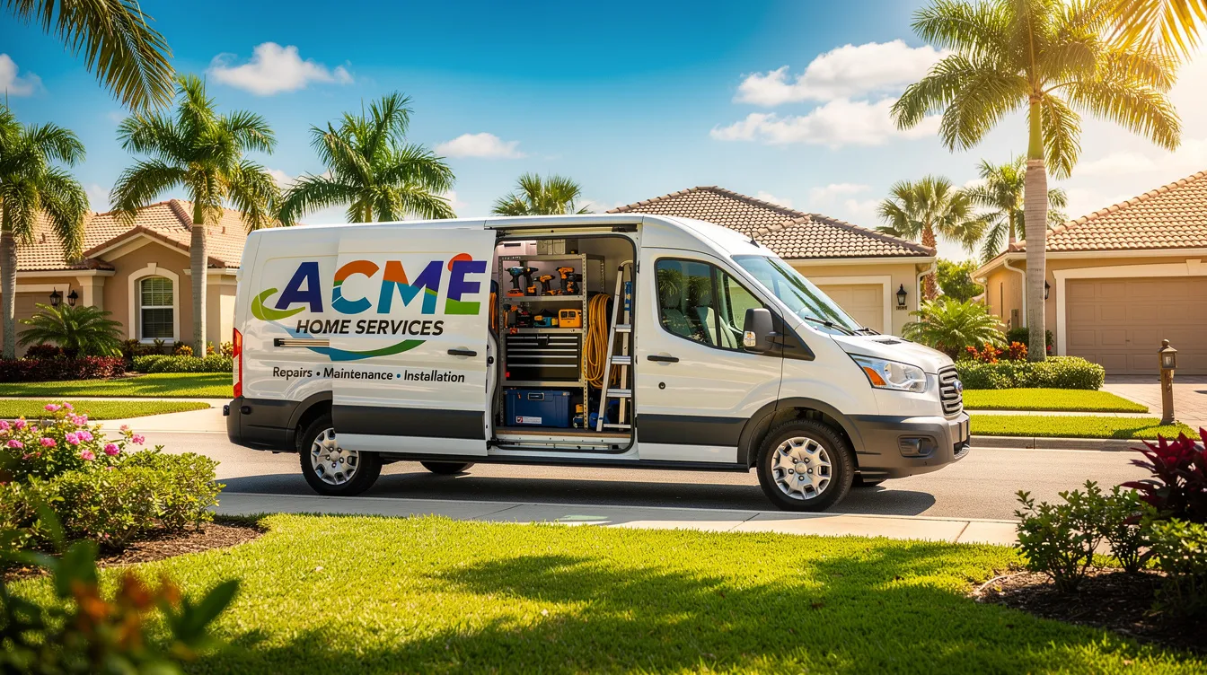 A branded service van, equipped with tools, is parked in a sunny Florida neighborhood characterized by lush green lawns. This image reflects the presence of home service businesses, highlighting the importance of local visibility and effective marketing strategies for contractors in the area.