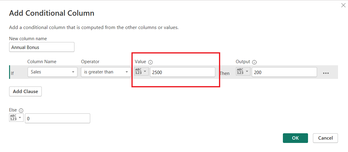 Enter comparision value for Conditional Column IF statement 