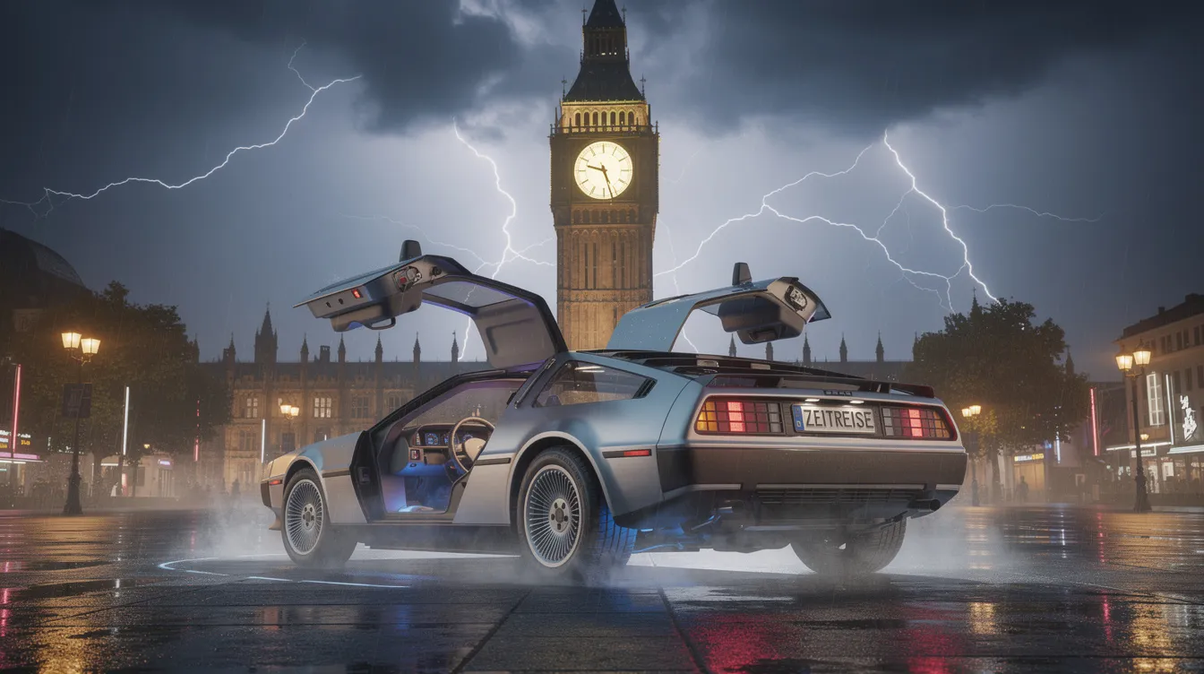 Ein silberner DeLorean mit Flügeltüren steht majestätisch vor einem beleuchteten Uhrenturm bei Nacht, während ein Blitzgewitter im Hintergrund tobt. Diese Szene erinnert an die ikonischen Abenteuer von Marty McFly und Doc Brown aus "Zurück in die Zukunft", die Zeitreisen und aufregende Geschichten verkörpern.