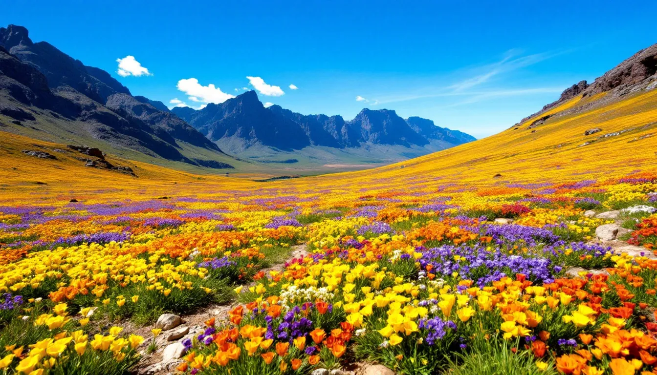 In the image, vast carpets of vibrant wildflowers in bright rich colours stretch across the South African landscape, with mountains majestically rising in the background. This stunning scene captures the beauty of spring flowers, showcasing pink, white, and purple blooms that attract butterflies and bees, embodying the essence of the flower season in southern Africa.