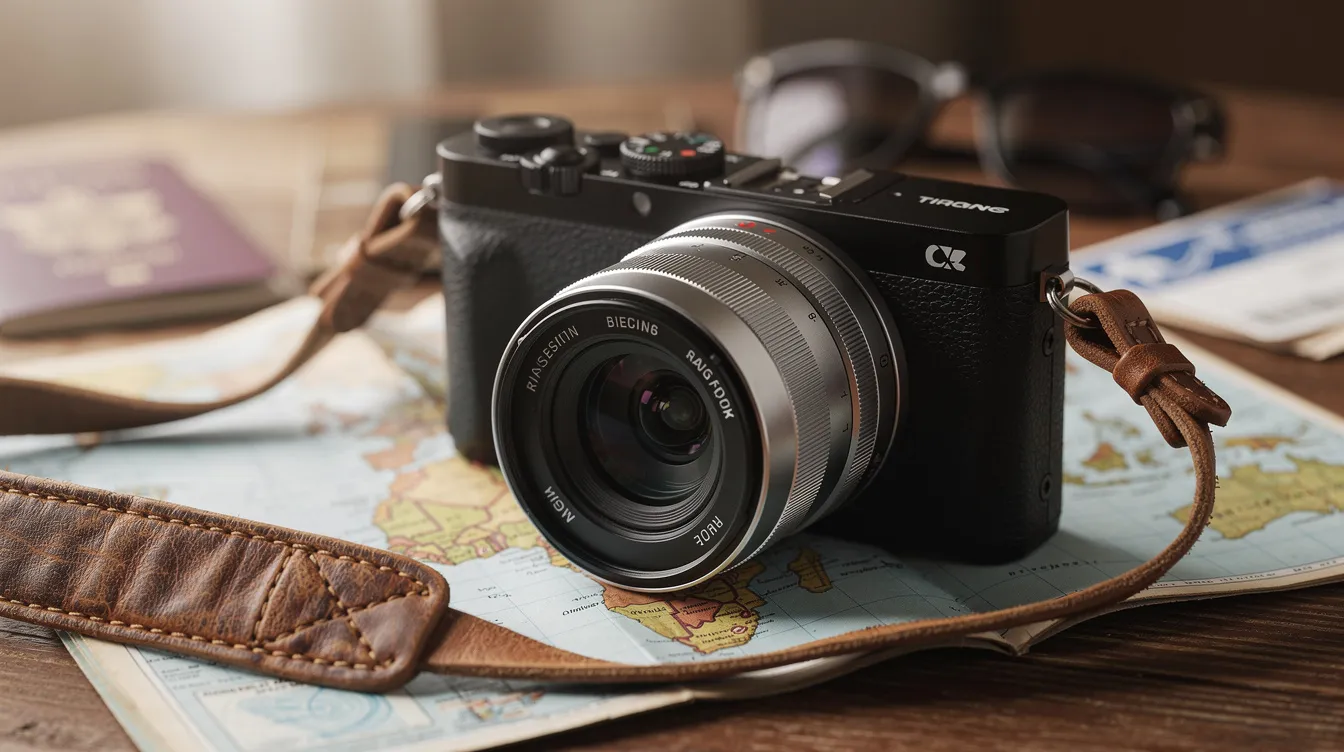 The image features a sleek travel camera designed for capturing stunning moments during trips, emphasizing its role in content creation for the travel industry. This camera is essential for travel marketers and influencers looking to produce high-quality content that engages their target audience on social media platforms.