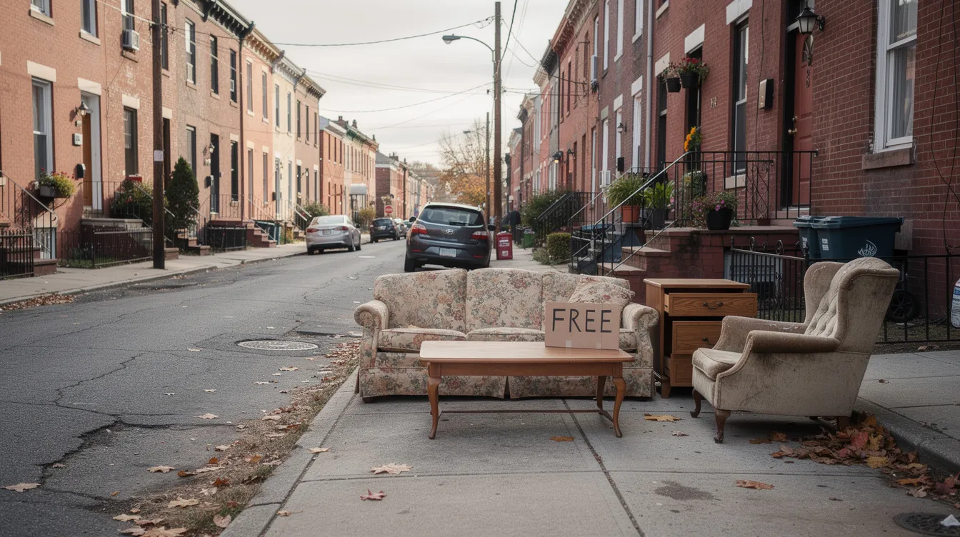Old furniture including couches and tables placed at the curb on a Philadelphia residential street for scheduled bulk pickup