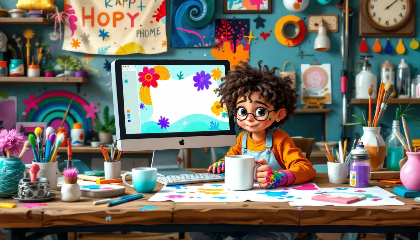 Proces projektowania własnego kubka, z narzędziami graficznymi na ekranie komputera.