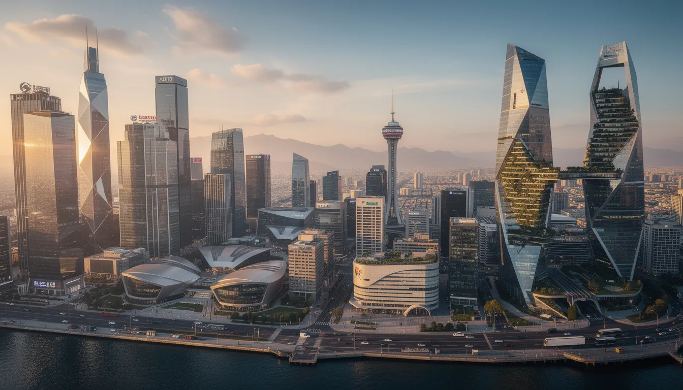 La imagen muestra un contraste vibrante de skylines de ciudades modernas, donde se destacan rascacielos de arquitectura contemporánea que simbolizan el crecimiento y las oportunidades en el mercado. Estas estructuras representan el dinamismo de los negocios y la presencia de corporaciones en el mundo actual.