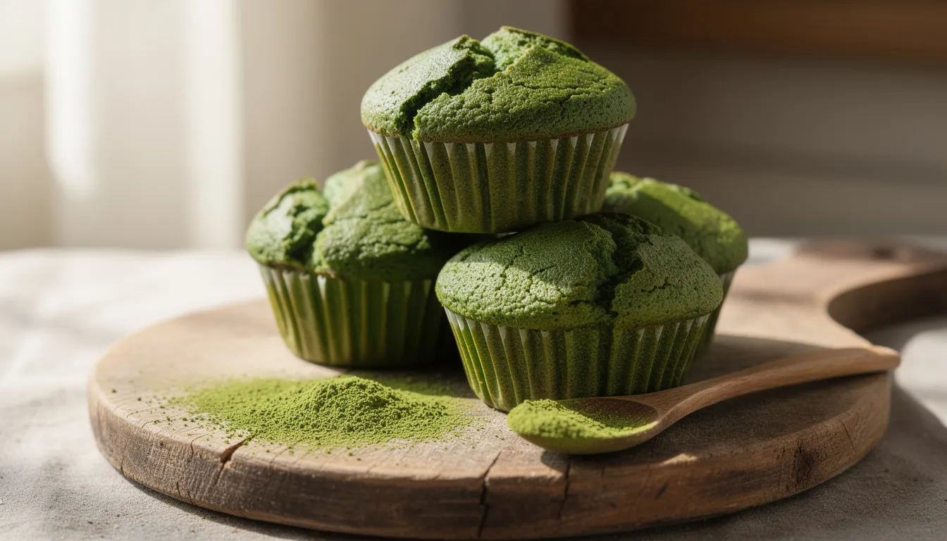 Auf einem rustikalen Holzbrett sind gestapelte grüne Matcha-Muffins zu sehen, die durch ihre leuchtende Farbe und die feine Textur auffallen. Neben den Muffins liegt etwas Matcha-Pulver, das als Zutat für das Rezept dient und den Muffins ihren besonderen Geschmack verleiht.