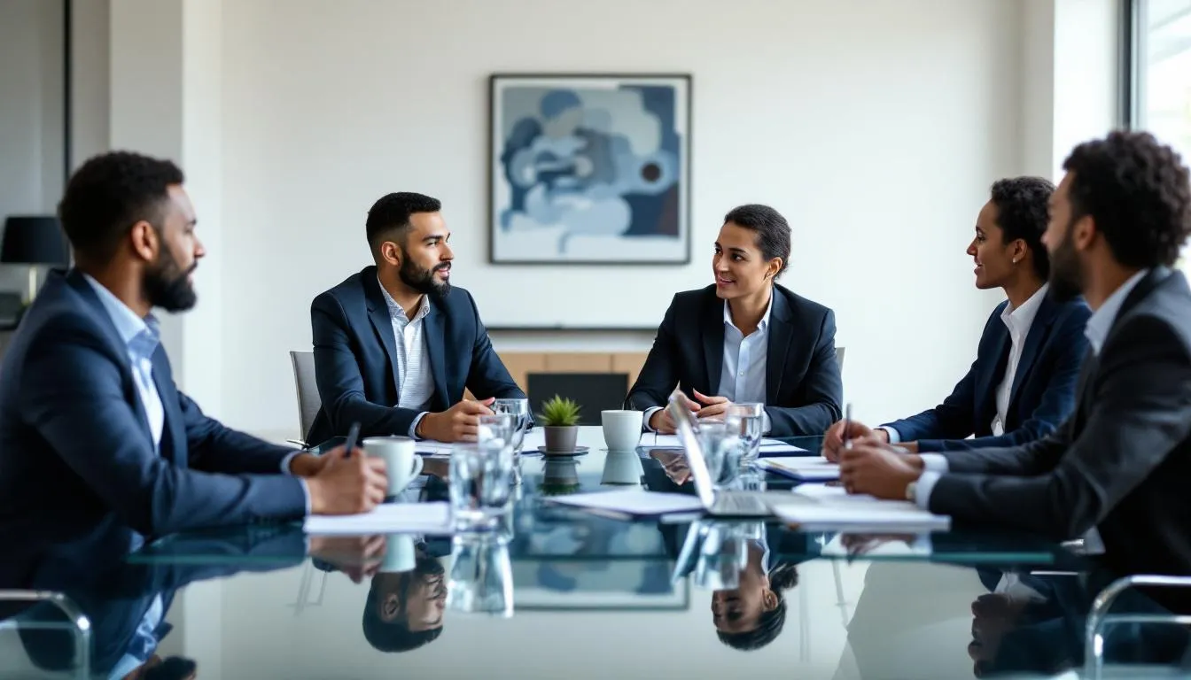 Board members discussing their legal responsibilities during a meeting.