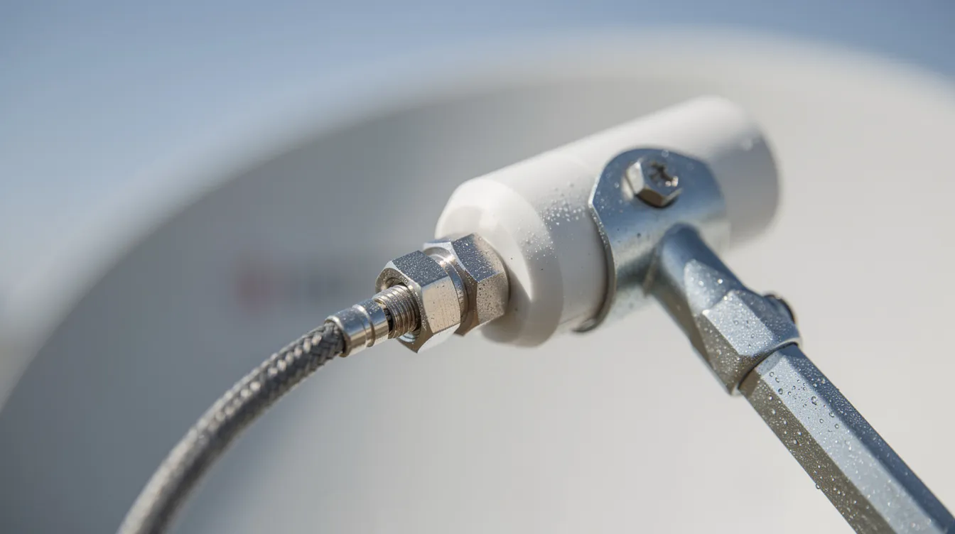 The image shows a close-up view of a satellite dish's LNB and the coaxial cable connection, illustrating the critical components used in DSTV installation and repair services. This setup is essential for ensuring quality signal reception and optimal picture quality for various DSTV decoders.