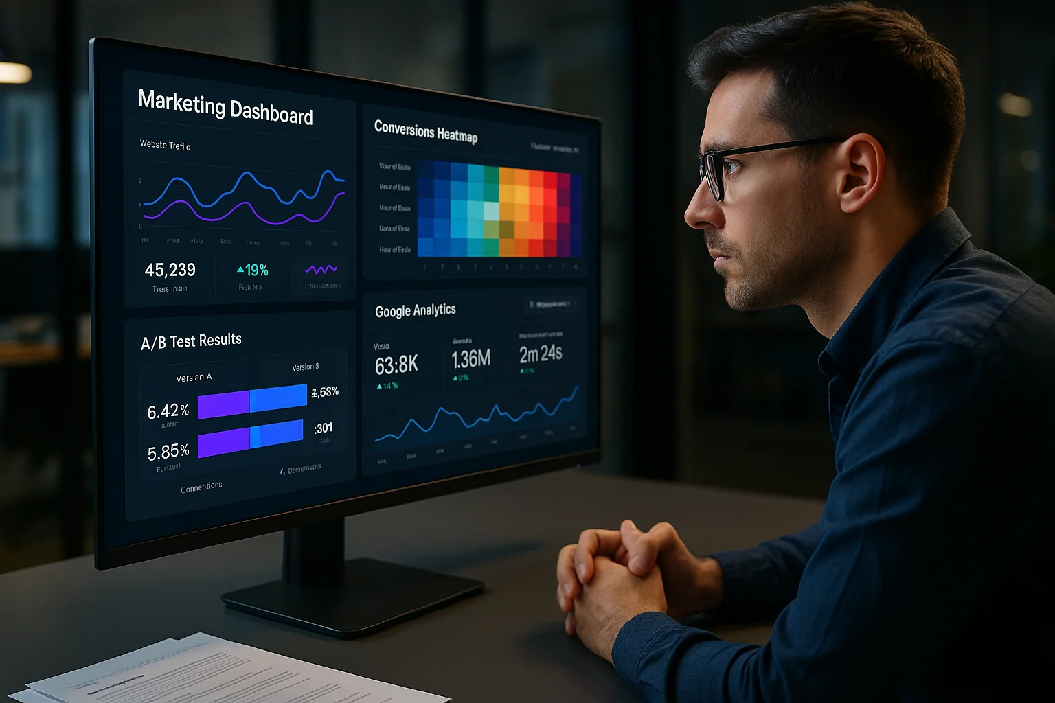 A digital marketer studying a data-driven marketing dashboard with graphs and analytics tools.