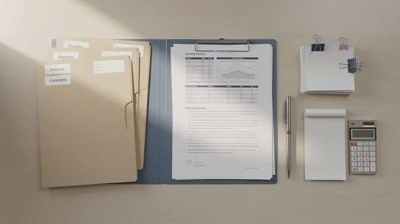 The image shows a neatly organized collection of file folders and business documentation, likely containing important materials related to employee retention tax credits, such as forms for claiming the employee retention credit and records of qualified wages paid. The arrangement suggests a methodical approach to managing tax-related information for eligible businesses during the recovery from the COVID-19 pandemic.