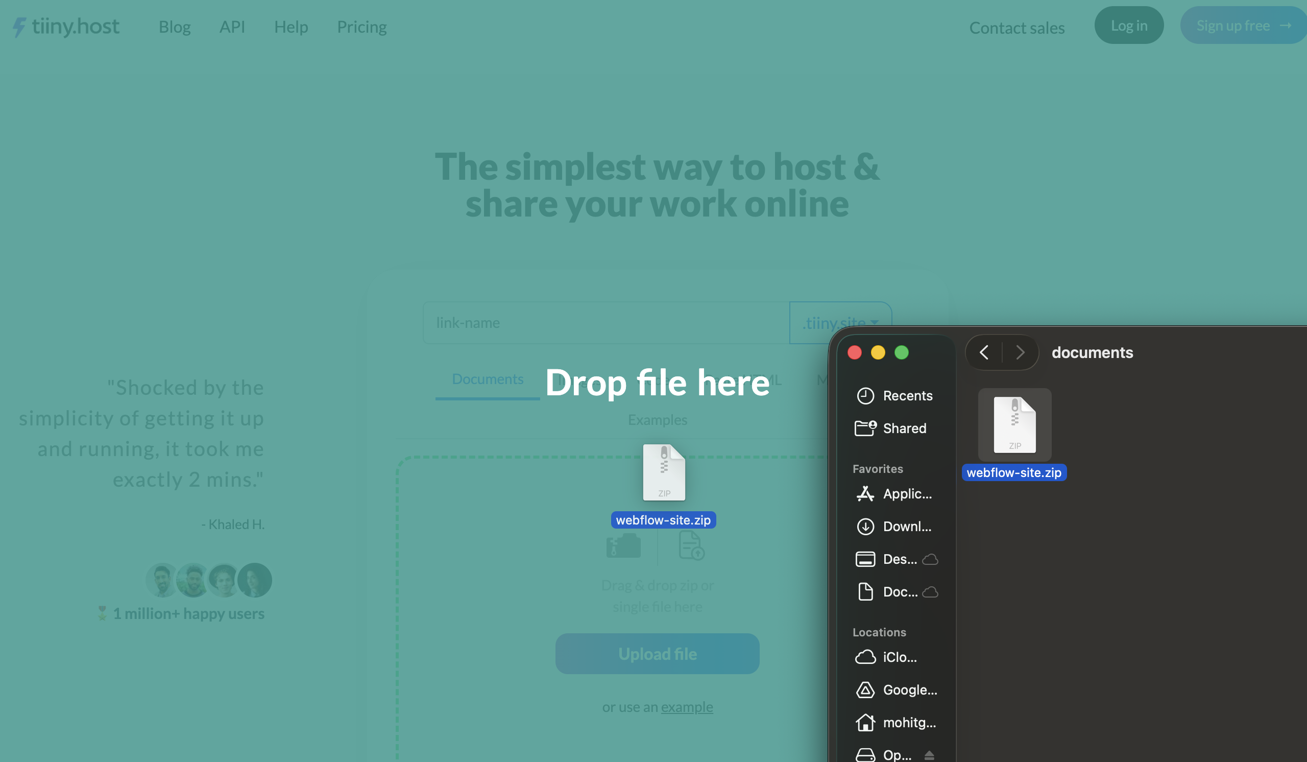 Drag and drop your .zip file onto the TiinyHost homepage