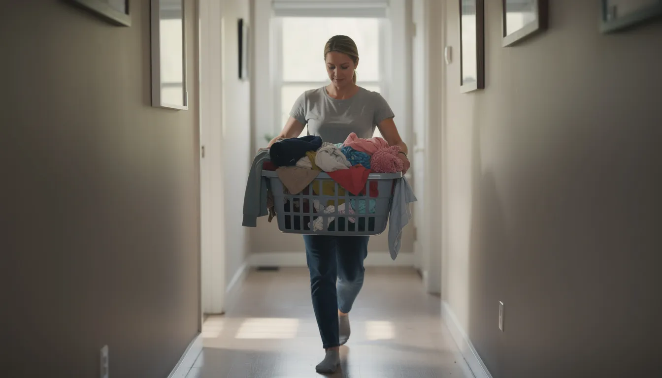 Een persoon draagt een wasmand vol met kledingstukken door een gang, terwijl de geur van net gewassen en perfect gestreken kleding in de lucht hangt. De wasmand bevat een mix van delicate stoffen die wachten om te worden opgevouwen en opgeborgen na het strijken.