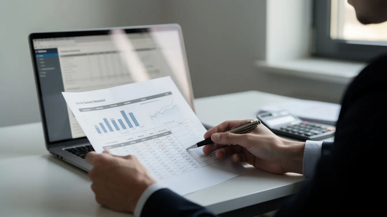 A person is seated at a desk, reviewing financial documents alongside a laptop, likely assessing their retirement savings options. The scene suggests a focus on investment strategies, possibly involving a gold IRA account or precious metals like gold and silver, as they prepare for their financial future.