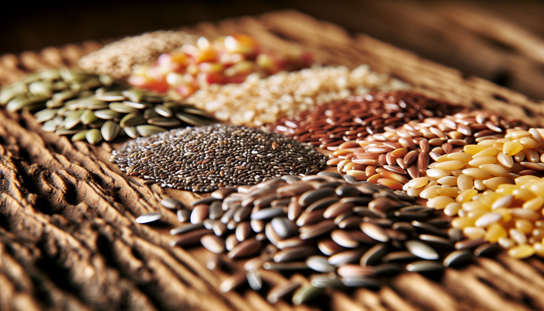 Close-up of various seeds and grains on a textured surface