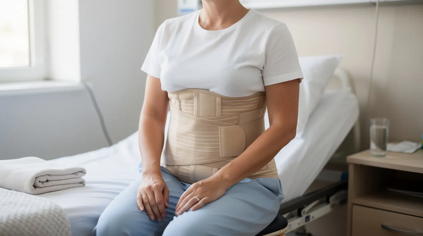 The image shows a person wearing a medical compression garment around their midsection, indicating their recovery after body contouring surgery following significant weight loss. This garment helps manage excess skin and supports the abdominal area, reflecting their weight loss journey and commitment to a healthy lifestyle.