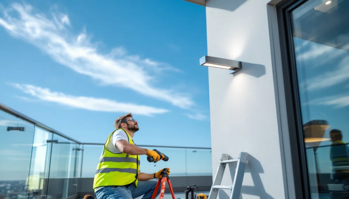A person installing outdoor lighting fixtures, demonstrating safety precautions in the process.
