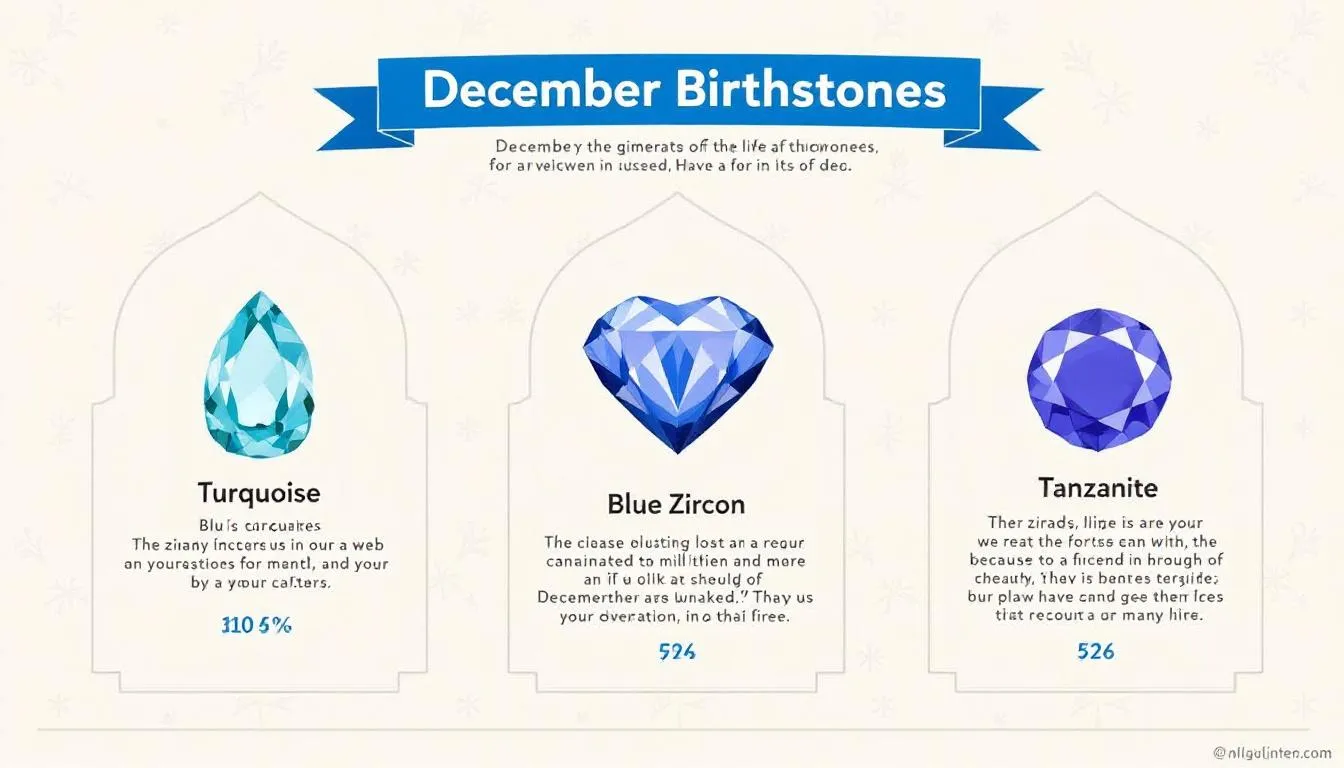 The image showcases a beautiful array of December birthstones, including striking blue topaz varieties such as sky blue, London blue, and Swiss blue, alongside the vibrant turquoise and exquisite violet hues of tanzanite. These precious gems are elegantly displayed, highlighting their unique colors and qualities, perfect for December birthdays and jewelry enthusiasts.