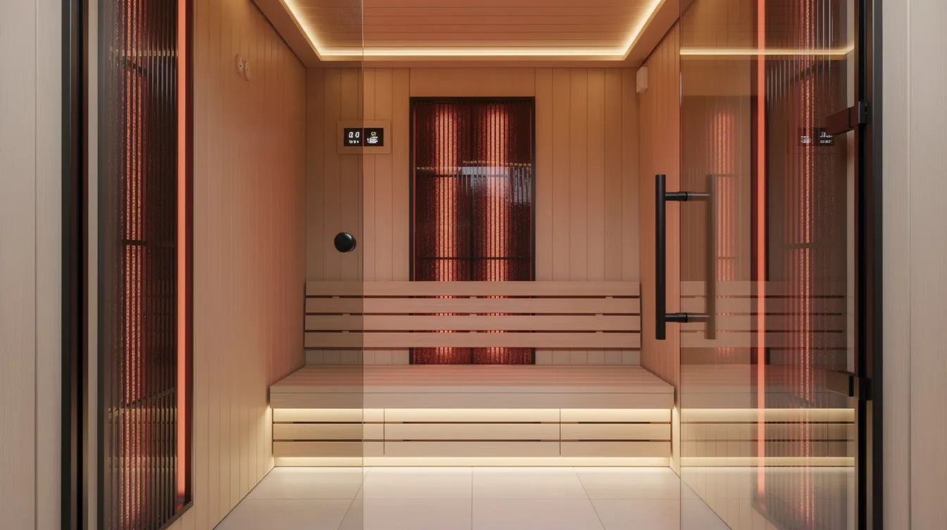 The image depicts a modern infrared sauna interior featuring sleek carbon heating panels mounted on the walls, designed for an efficient sauna experience. The space is warmly lit, showcasing a comfortable seating area that promotes intense sweating while ensuring proper ventilation for maximum temperature control.