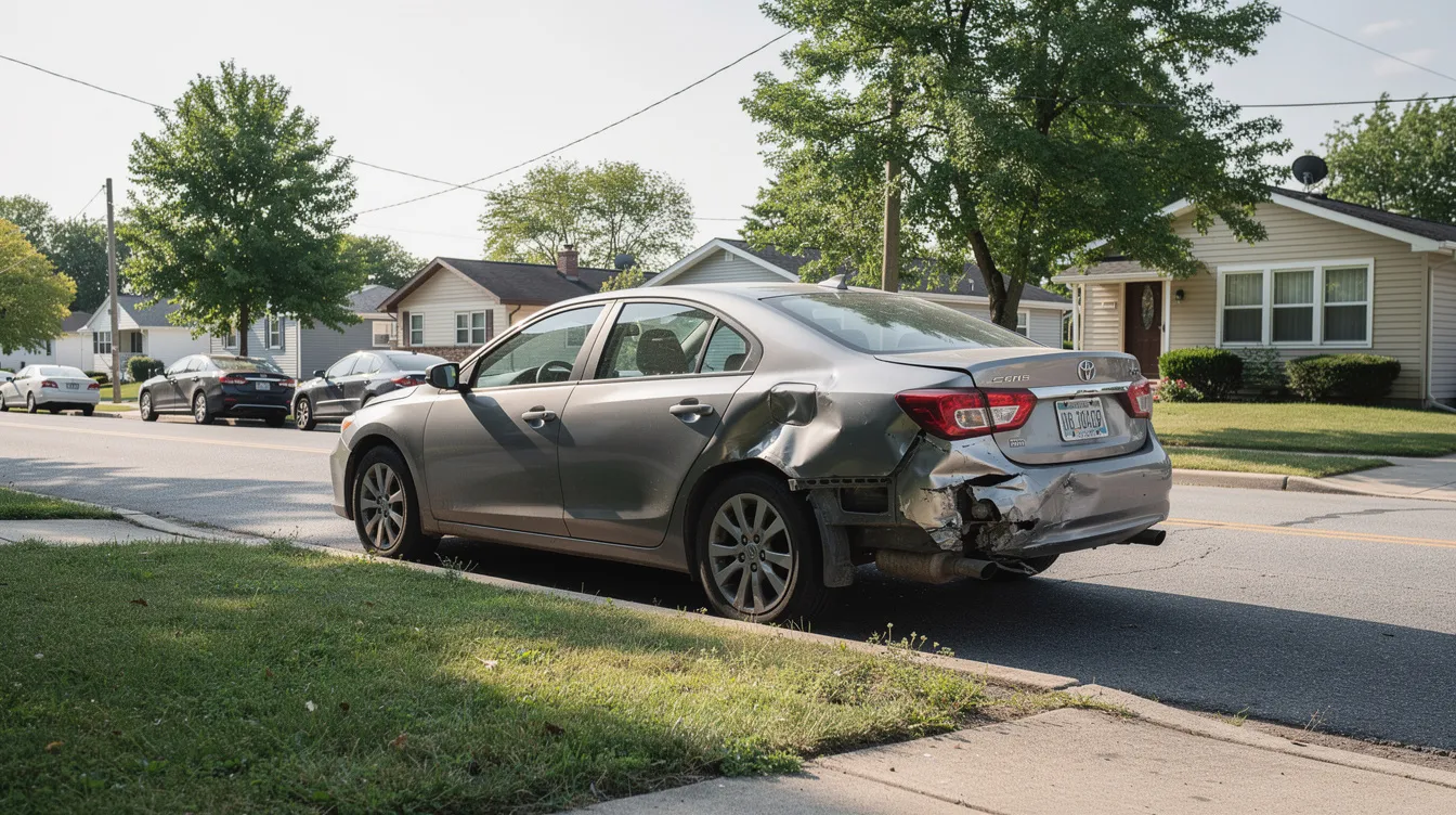 The image shows a parked car with noticeable rear-end damage, situated in a quiet residential neighborhood. This scene may represent the aftermath of a car accident, highlighting the importance of seeking help from experienced car accident attorneys for personal injury claims and insurance negotiations.
