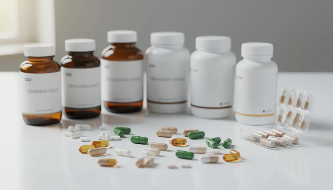 The image showcases a variety of supplement capsules and bottles arranged neatly on a clean surface, highlighting herbal supplements such as ashwagandha root extract, known for its potential health benefits in managing stress and anxiety. These dietary supplements are part of ayurvedic medicine and are often used in mood and anxiety treatments, supported by clinical trials and scientific evidence.