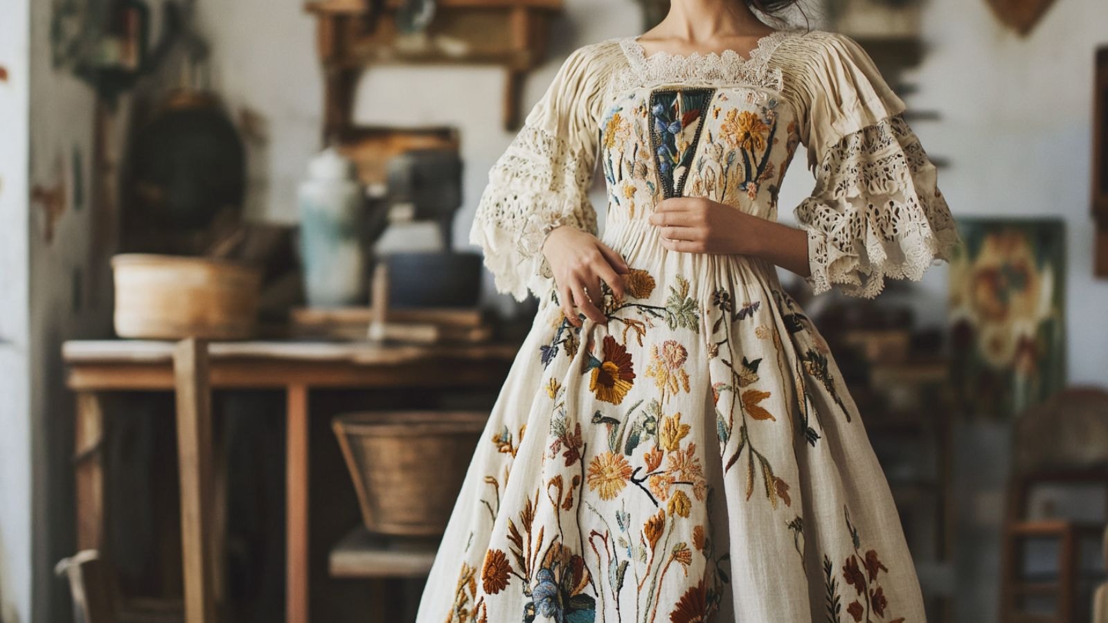 woman in a linen dress with silk-thread Castelo Branco embroidery, posed in a traditional embroidery workshop.