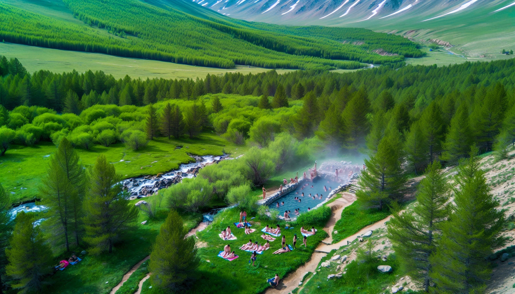 Aerial view of Tsenkher Hot Springs surrounded by lush greenery and mountains