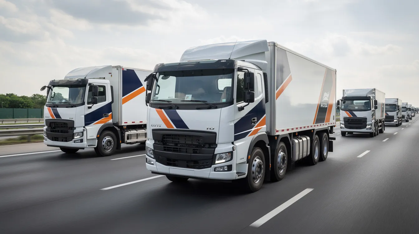 A fleet of white construction trucks featuring a cohesive dark blue and orange branding is driving down a highway, showcasing a strong visual identity that reflects the professionalism of the construction company. This branding effort aims to enhance the company's presence in the competitive construction industry and attract potential clients.