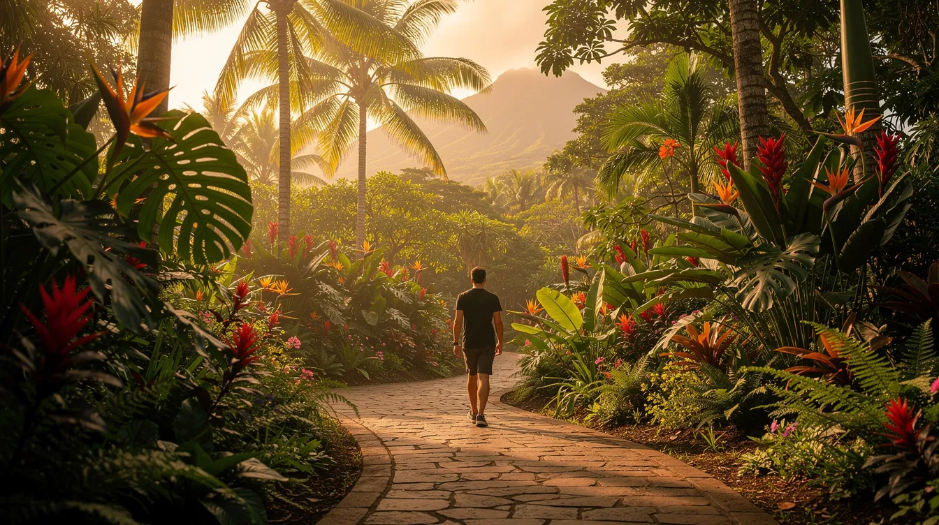 A person is walking along a serene pathway in a lush Hawaiian botanical garden, surrounded by vibrant tropical plants and flowers. The scene captures the essence of Hawaii's natural beauty, which contrasts with the ongoing discussions about the legal status of medical cannabis and hemp-derived products in the Aloha State.