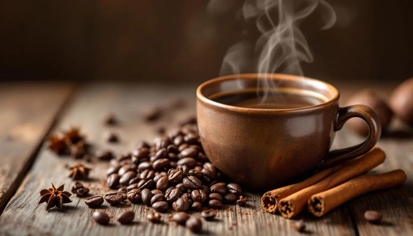 A steaming cup of ceremonial cacao drink surrounded by cacao beans and spices.