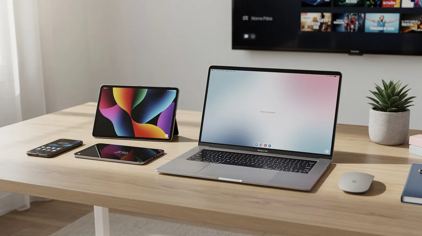 The image features a variety of electronic devices including a smartphone, tablet, laptop, and smart TV, all neatly arranged on a desk, showcasing the modern landscape of technology that enhances access to IPTV services and streaming options for viewers. This setup highlights the convenience of using multiple devices to enjoy live TV channels and on-demand content through various internet service providers.