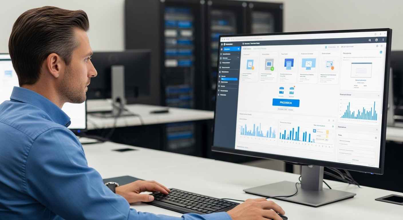 IT administrator provisioning virtual desktops instantly from a centralized management console.