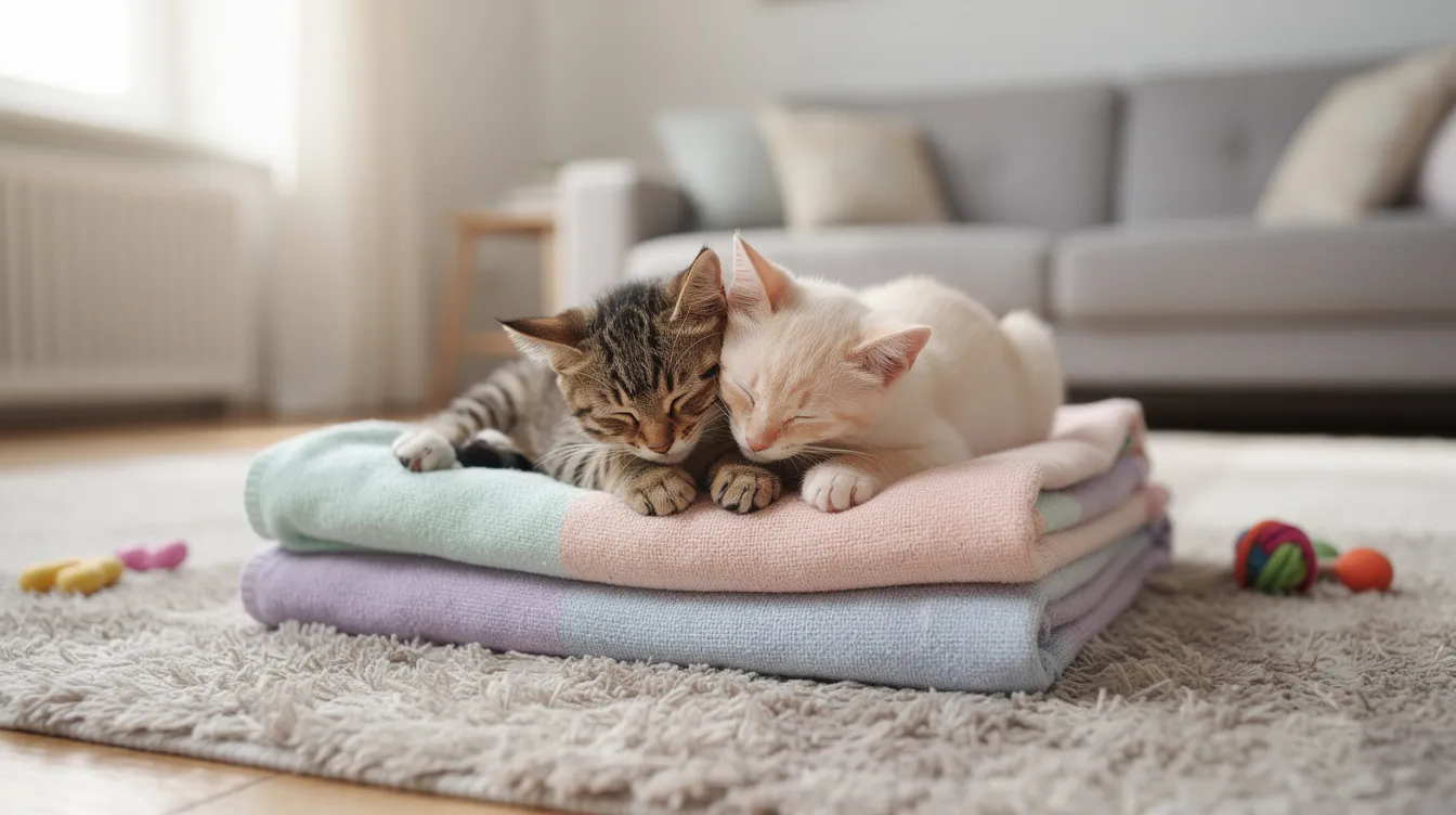 Zwei entzückende Kätzchen ruhen friedlich in einer sauberen und sicheren Pflegeumgebung, was die liebevolle Fürsorge ihrer Pflegeperson zeigt. Diese glückliche Szene betont die Bedeutung der Adoption und des Findens eines dauerhaften Zuhauses für diese pelzigen Tiere.