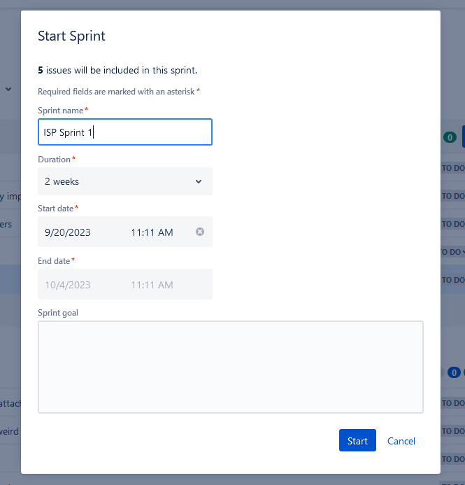 A screenshot of the start sprint dialog in Jira.