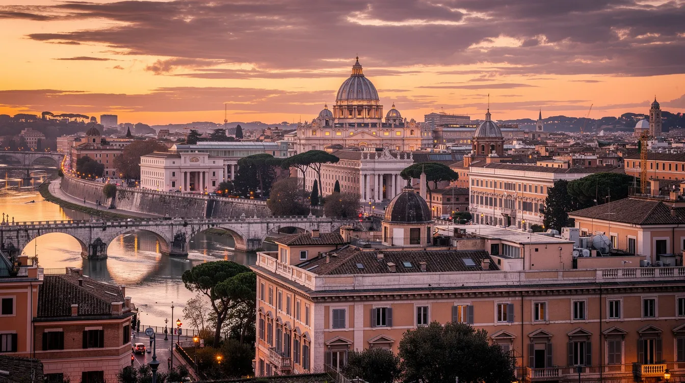 The image captures a breathtaking panoramic view of Rome at sunset, showcasing historic buildings silhouetted against a vibrant sky, with a serene river flowing through the city. This picturesque scene reflects the charm of Italy, a dream destination for those considering immigration or seeking Italian citizenship.