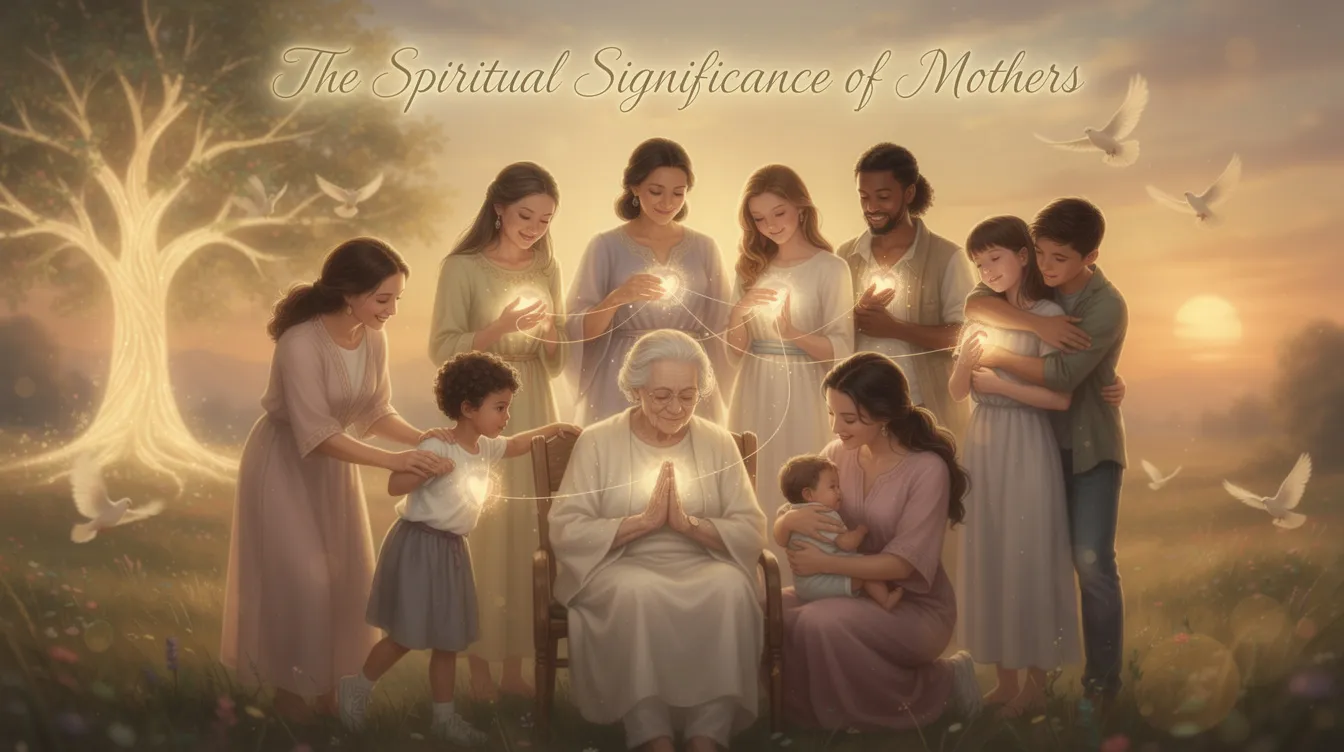 The image depicts a serene scene symbolizing the spiritual significance of mothers, featuring a loving mother figure surrounded by soft light, representing love and change. Elements such as flowers and gentle colors enhance the theme of maternal warmth, reflecting the deep connection between mothers and their children.