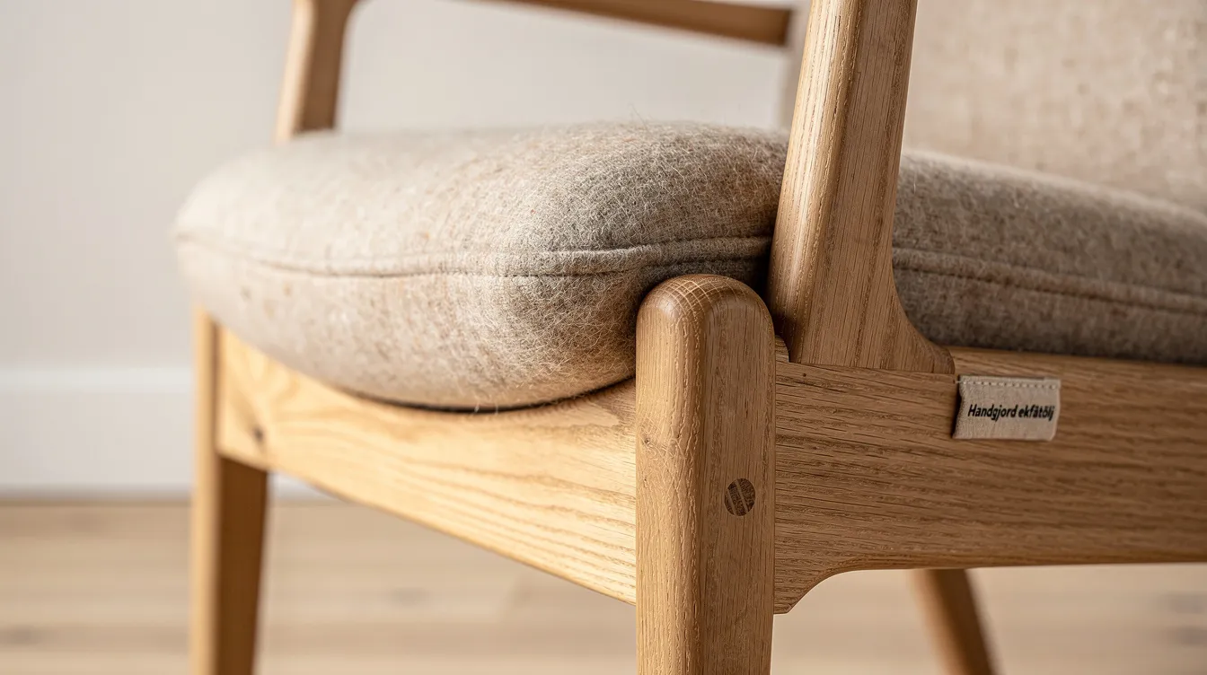 Närbild av en handgjord fåtölj i massiv ek, klädd med naturfärgat ulltyg. Fåtöljen utstrålar modern design och hög kvalitet, perfekt för att skapa en stilren inredning i hemmet.