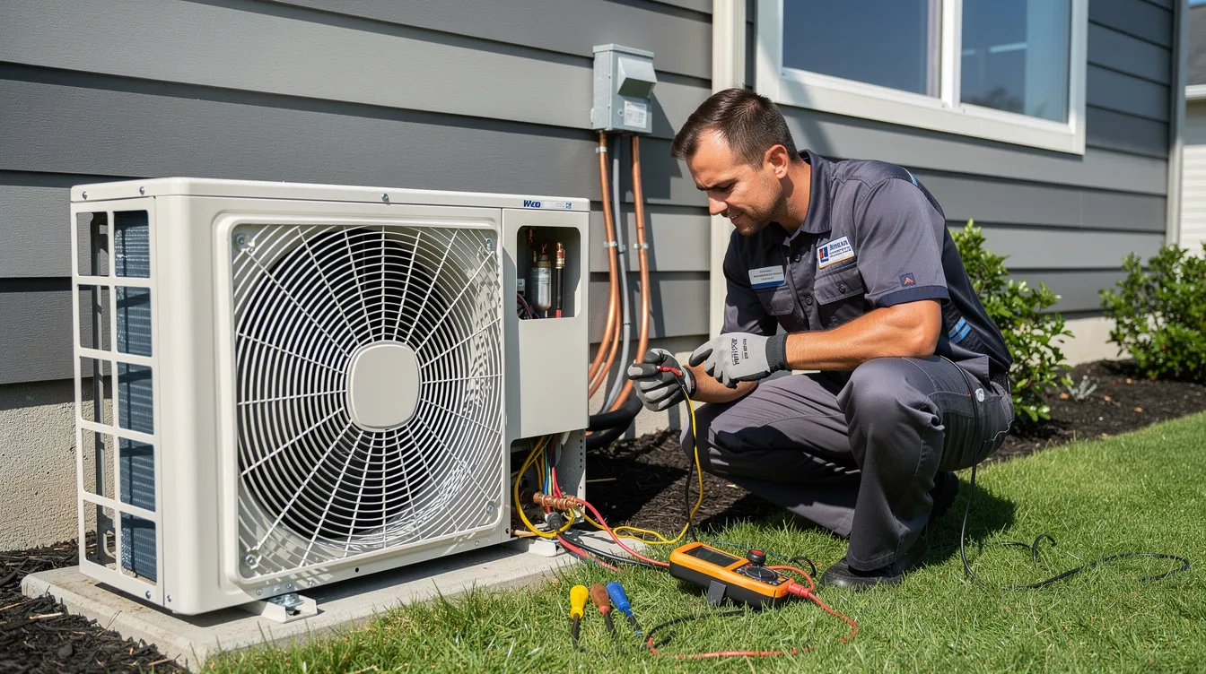 A technician is inspecting an outdoor condenser unit, ensuring its optimal performance for the air conditioning system. The technician checks the electrical components and conducts a pressure test to assess the unit's efficiency and prevent refrigerant leaks.