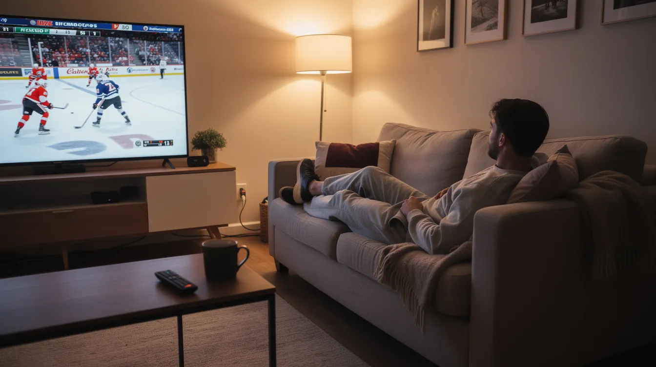 Une personne est confortablement assise dans un salon, regardant un match de hockey sur un grand téléviseur en pleine qualité HD. L'ambiance est détendue, et on peut ressentir l'excitation de l'événement sportif diffusé en direct.