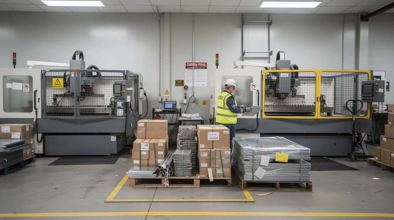 The image depicts a small factory floor featuring two industrial machines actively in use, with stacks of raw materials nearby. A worker is seen operating the equipment, highlighting the operational aspect of micro enterprises engaged in manufacturing, which may benefit from financial assistance through schemes like the mudra loans for developing capital assets.