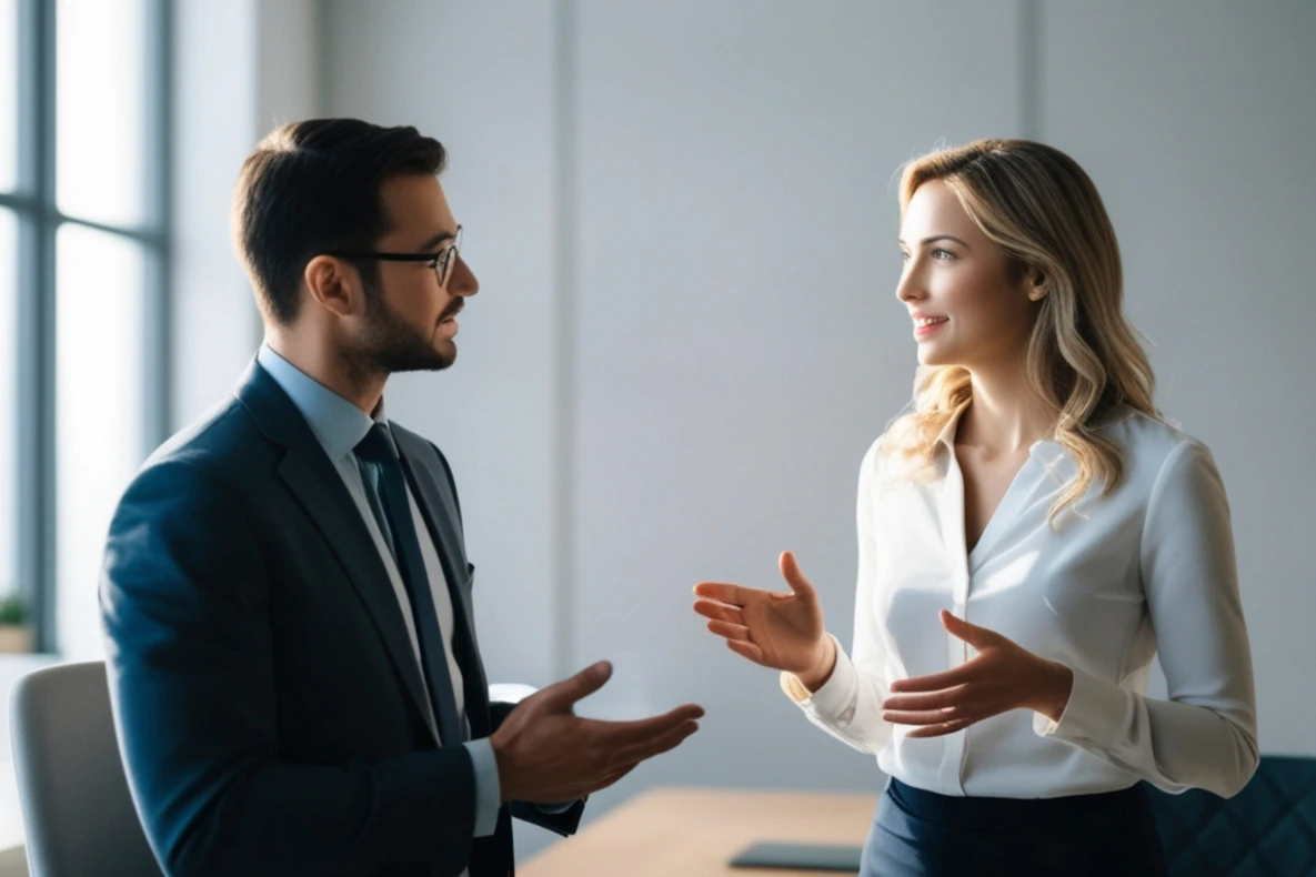 A man in a suit and glasses talks to a woman in a white blouse, both gesturing with their hands in an office setting.