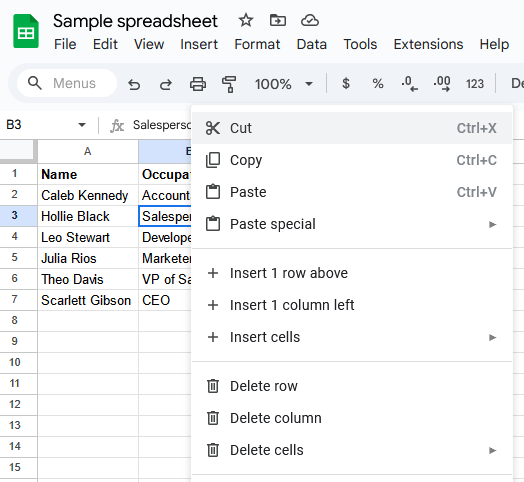 A screenshot of Google Sheets with the right-click menu open.