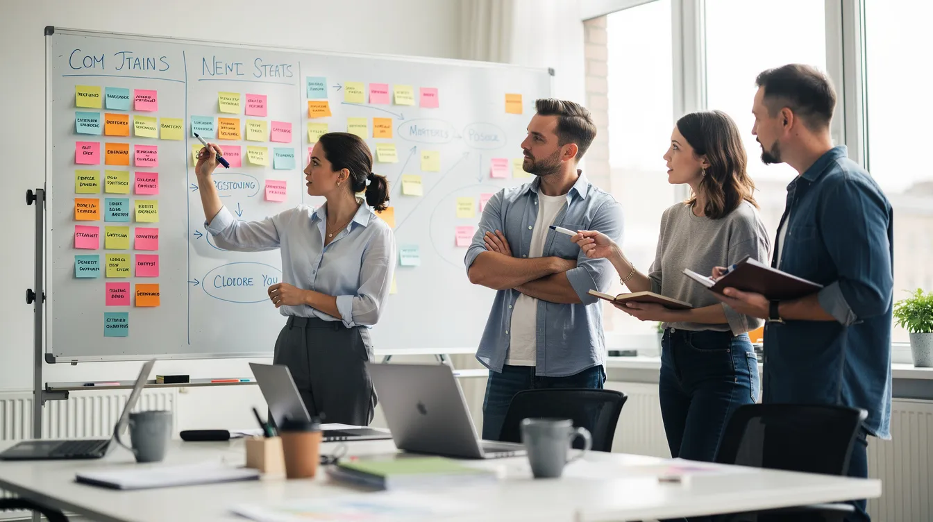 Une petite équipe se trouve dans un atelier, entourée de notes autocollantes sur un tableau blanc, en pleine discussion active pour résoudre des problèmes ensemble. Cette scène illustre l'importance du travail d'équipe et de la collaboration pour atteindre des objectifs communs dans une entreprise.