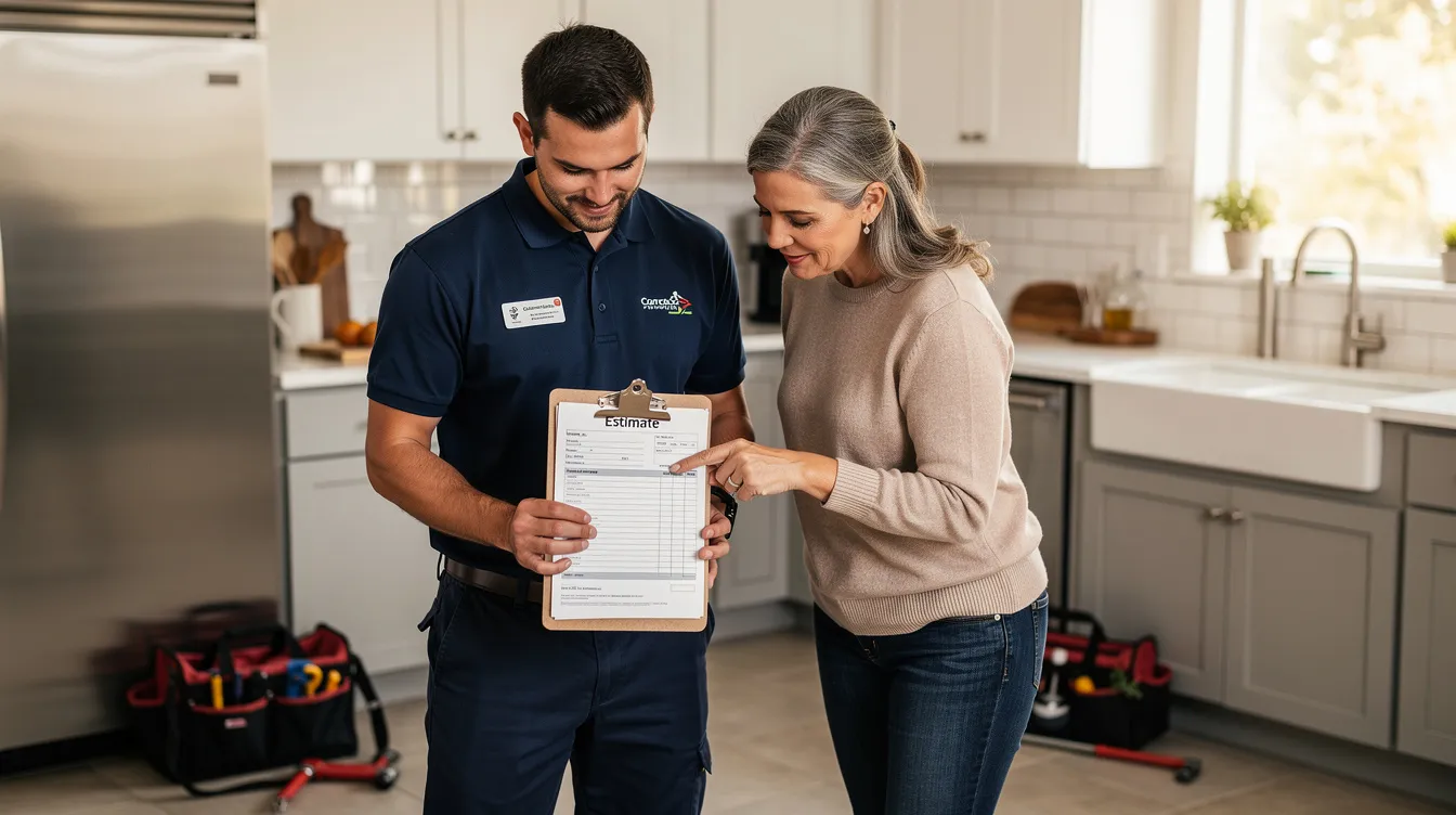 A plumber is discussing an estimate with a homeowner in a kitchen, highlighting the importance of reliable plumbing services for various plumbing needs. The scene emphasizes the commitment to exceptional customer service and upfront pricing, ensuring homeowners understand the costs involved in addressing their plumbing problems.