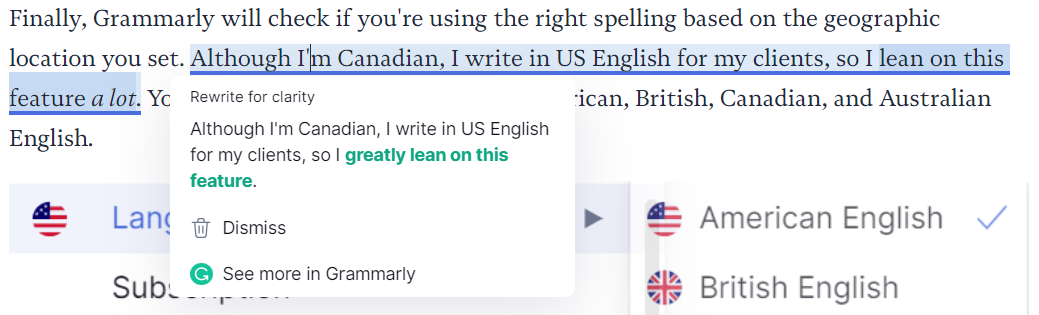 Screenshot of Grammarly editor with text.