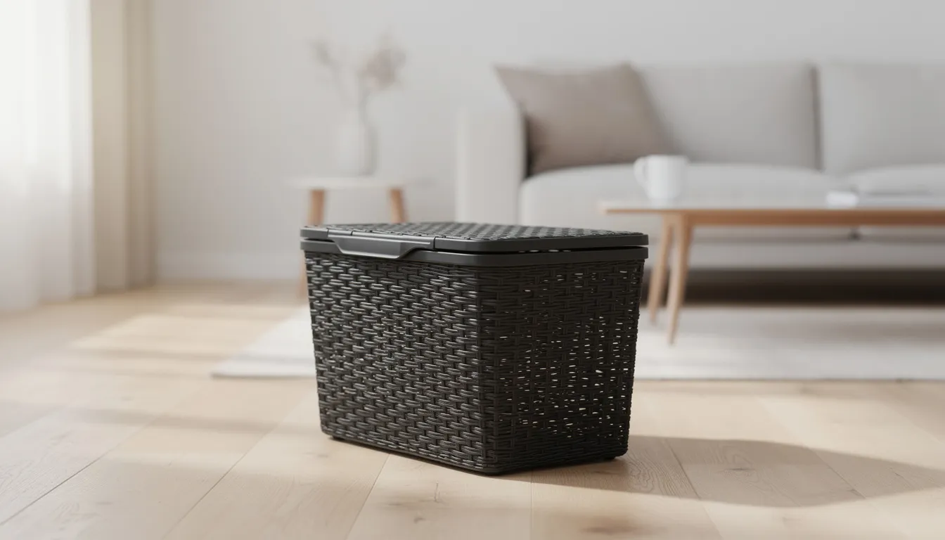 Een zwarte gesloten kattenbak met rattan-look staat in een moderne woonkamer met een lichte houten vloer. Deze innovatieve modkat kattenbak biedt een hygiënische oplossing voor meerdere katten en voorkomt nare geurtjes, terwijl het een stijlvolle toevoeging aan de inrichting is.