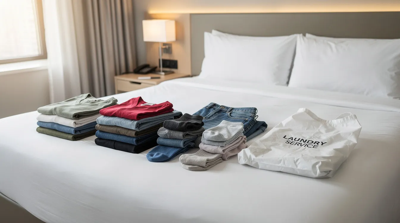 A neatly arranged assortment of clothing piles sits on a hotel bed, with an empty laundry bag nearby, showcasing a convenient option for managing laundry during your stay. This setup highlights the ease of using hotel laundry service for guests, ensuring clean clothes are readily available for travelers.