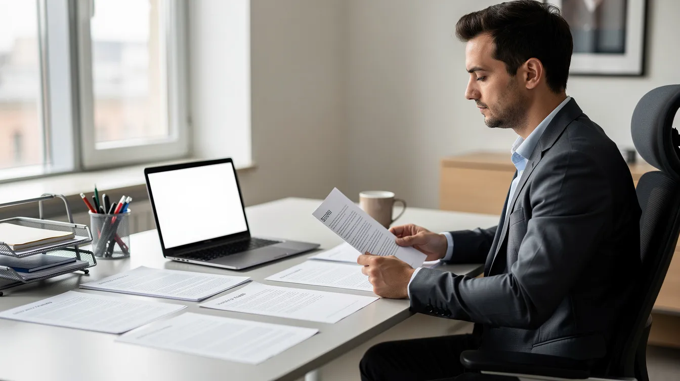 A professional tax attorney is seated at a desk, intently reviewing documents while using a laptop. The workspace is organized, reflecting a focus on tax law and estate planning, essential for providing legal counsel on estate tax compliance and related matters.