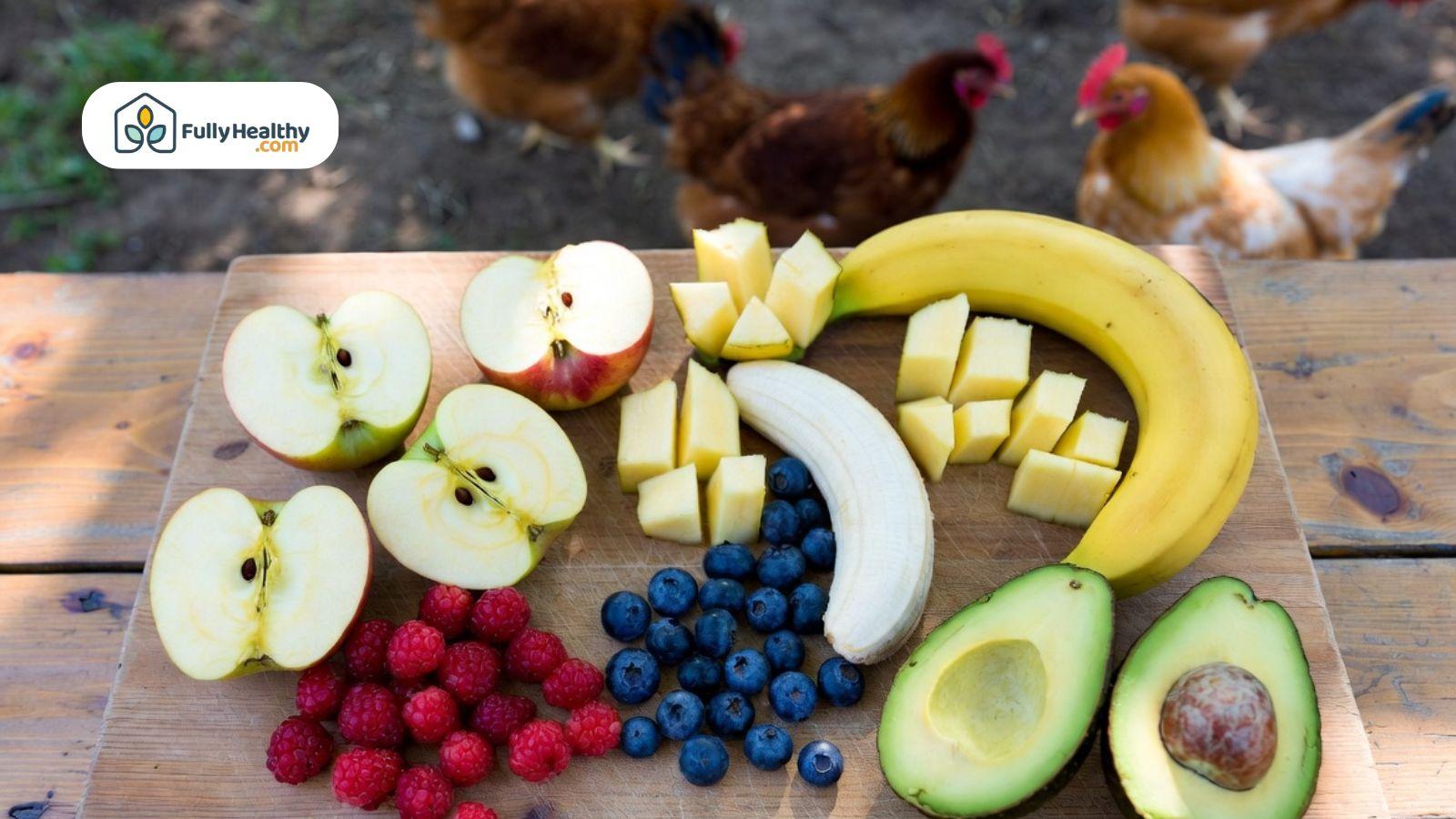 Prepared fruit board with apple halves, diced fruit, berries, banana, and avocado for chicken feeding.