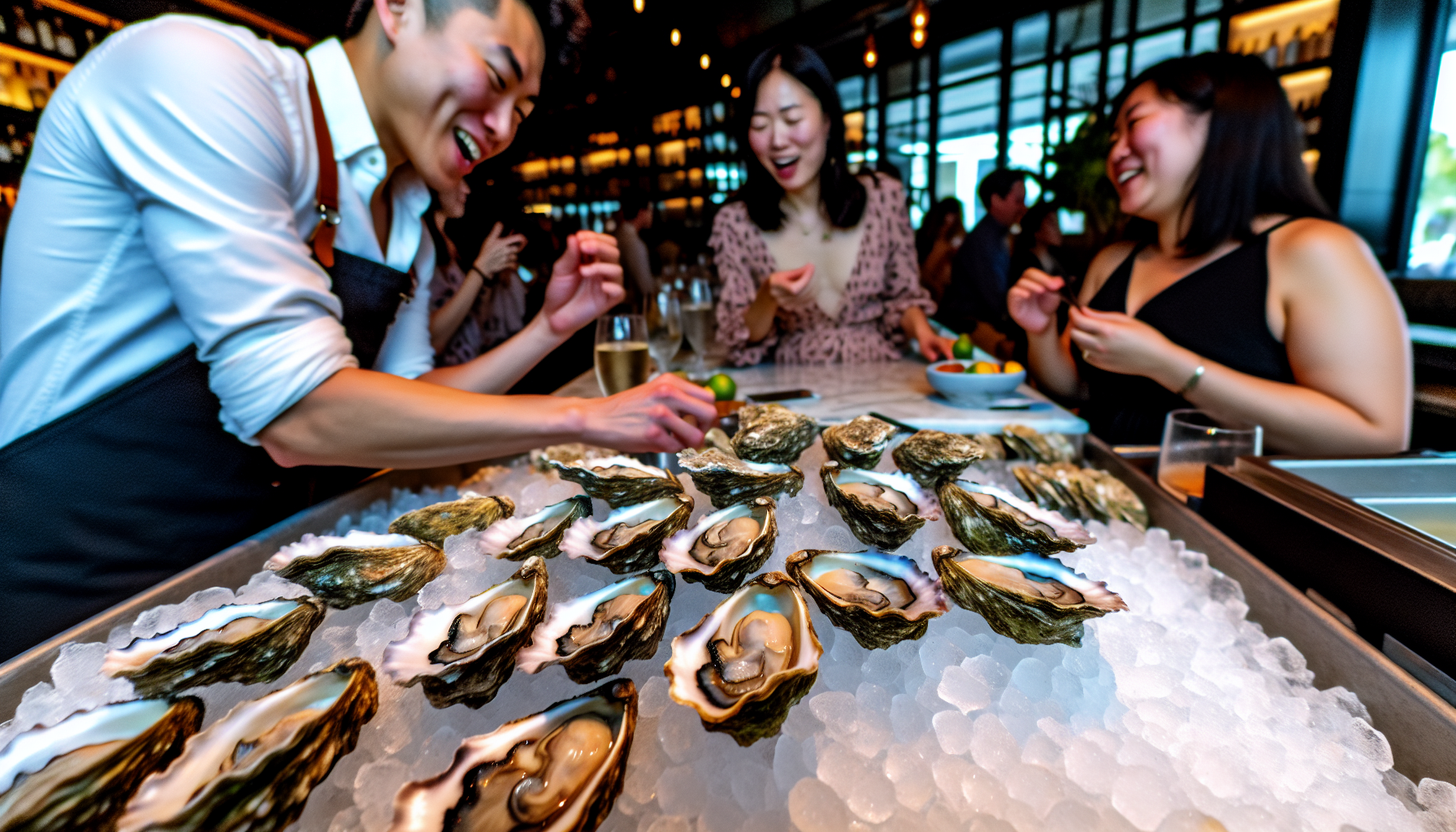 A display of fresh oysters on ice at a bustling oyster bar in Fort Lauderdale
