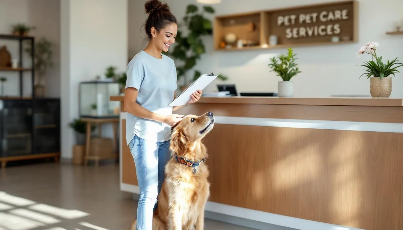 In the image, a pet parent is at the reception desk of a dog daycare, purchasing a discount package while their dog waits patiently by their side. The scene captures the friendly atmosphere of the doggie daycare, where pets are cared for and socialized, ensuring a fun and safe environment for all dogs.