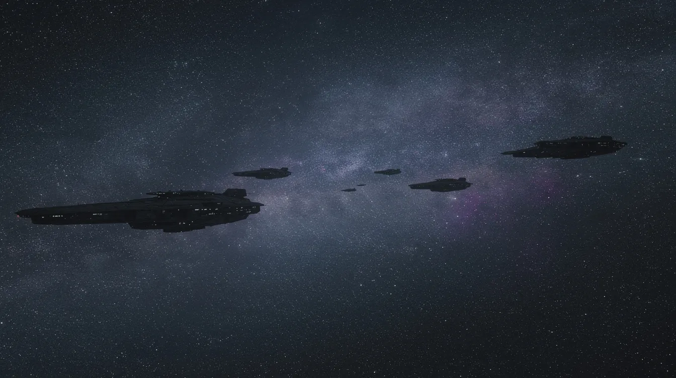 Ein weites Sternenfeld zeigt die Silhouetten von Raumschiffen, die durch den dunklen Weltraum fliegen, umgeben von leuchtenden Sternen und farbenfrohen Nebeln. Diese Szene erinnert an die epischen Abenteuer im Star Wars-Universum, in dem Jedi und Sith um die Kontrolle der Galaxie kämpfen.